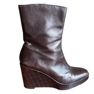 Robert Clergerie Brown Leather Ankle Boots Almond Toe Wedge Heel Women’s 7.5